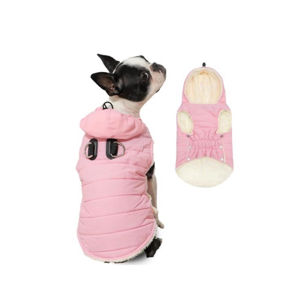 Vecomfy Fleece Lining Dog Hoodie Built in Harness Winter Jacket Pink‎ Size M